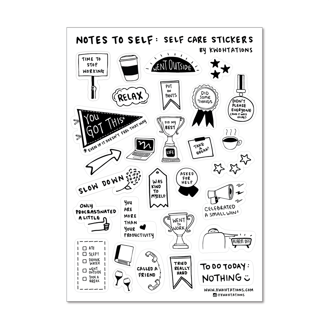 Sheet of more than two dozen self care  stickers with black and white illustrations and labels like "was kind to myself," "celebrated a small win," and "tried really hard."