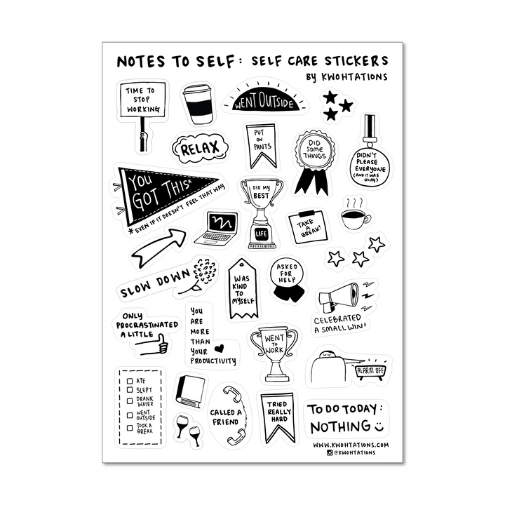 Sheet of more than two dozen self care  stickers with black and white illustrations and labels like "was kind to myself," "celebrated a small win," and "tried really hard."