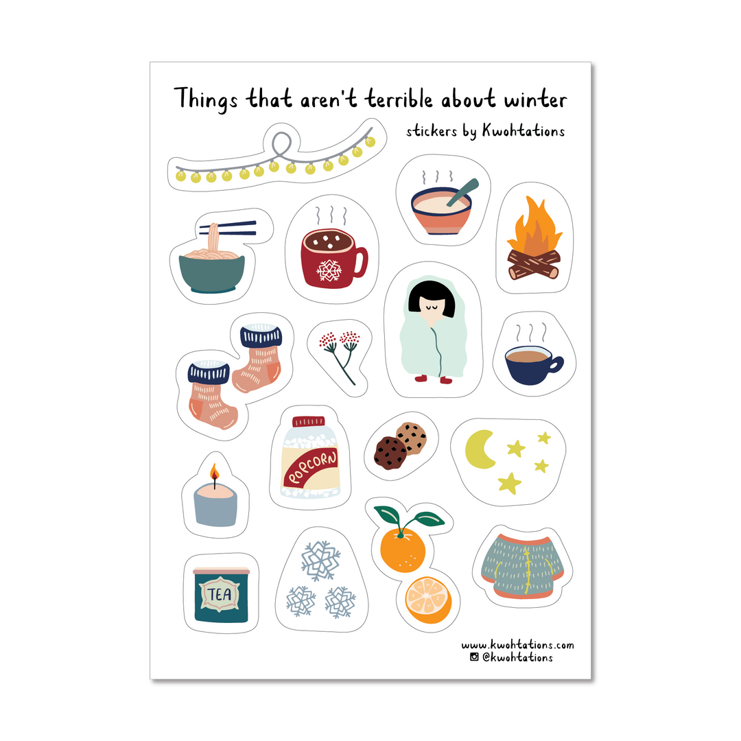 Sheet of winter-themed stickers, hand-drawn and in color, such as a mug of cocoa and a cozy sweater.