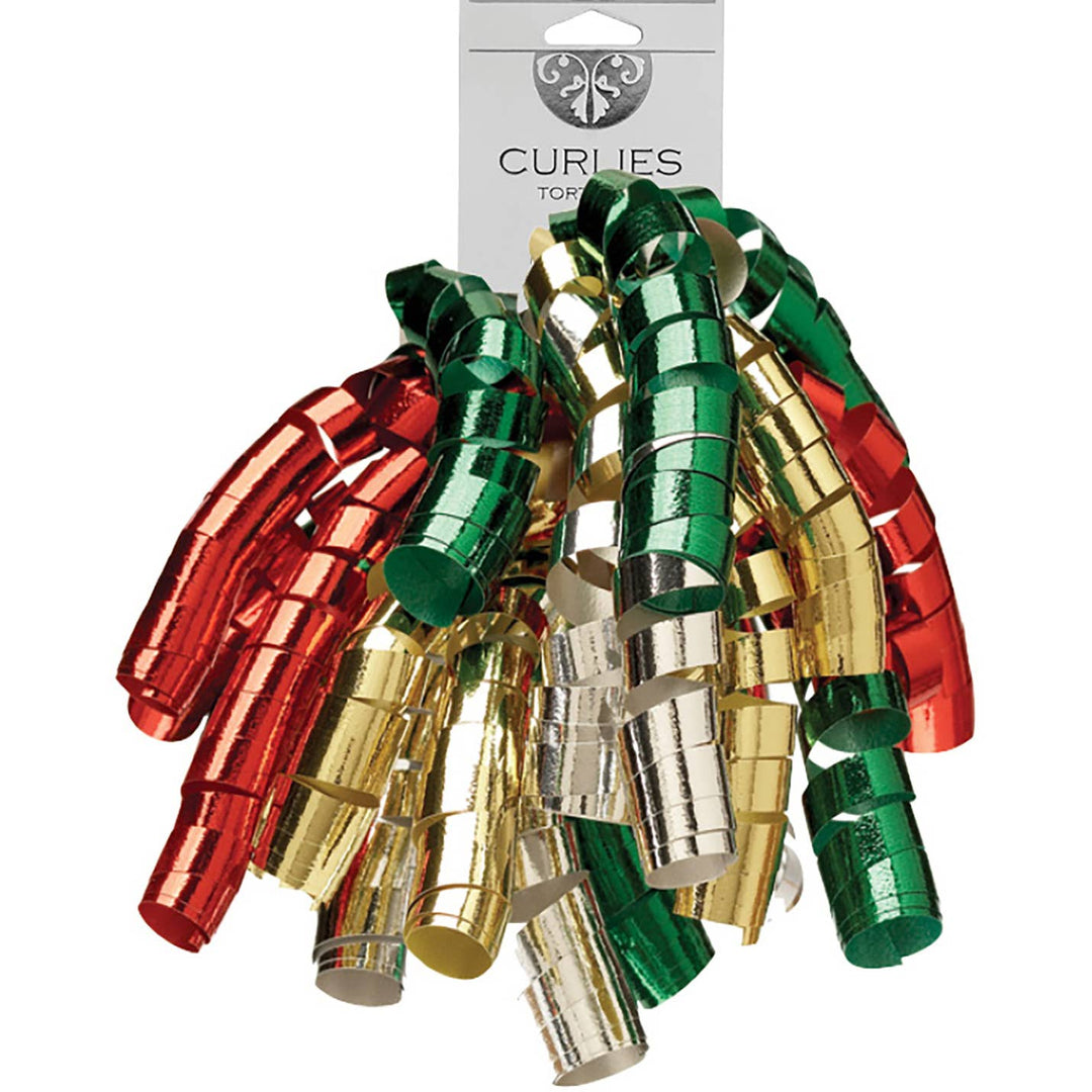 Red, green, and light green shiny ribbon curled to form a ribbon topper for a package.