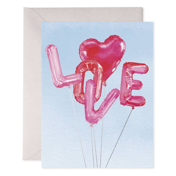 Front of card with helium balloons, one heart shaped and the others the letters L, O, V and E, on a light blue background with light gray envelope.