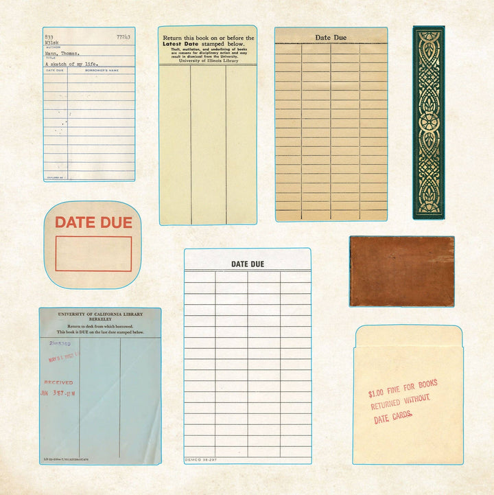 Sample page from sticker book of vintage images of library 'date due' pages.