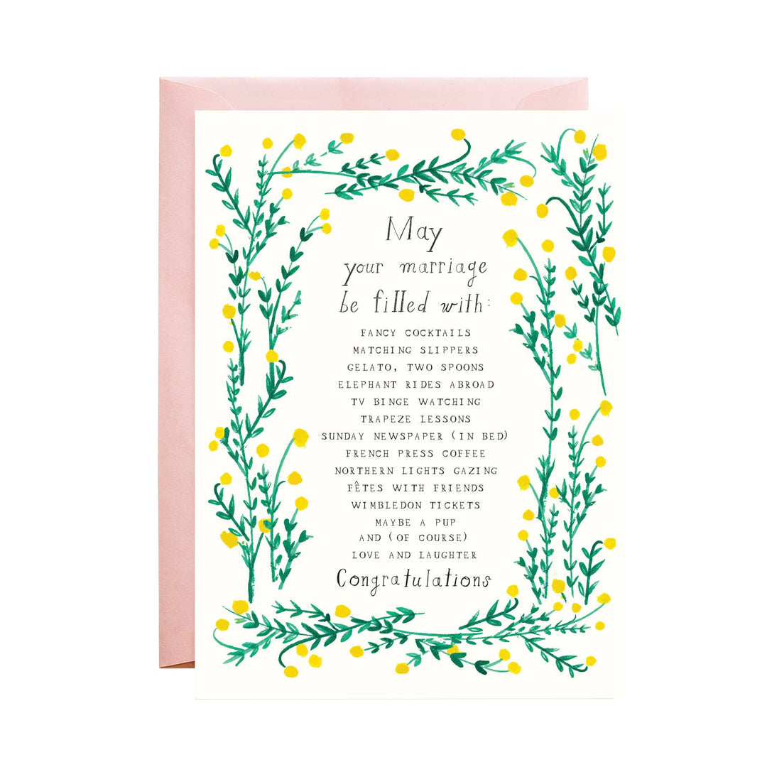 A list of 14 fanciful wishes to fill a marriage, from "fancy cocktails" to "wimbleton tickets" and concluding with "love and laughter." Text is framed with yellow flowers with green leaves