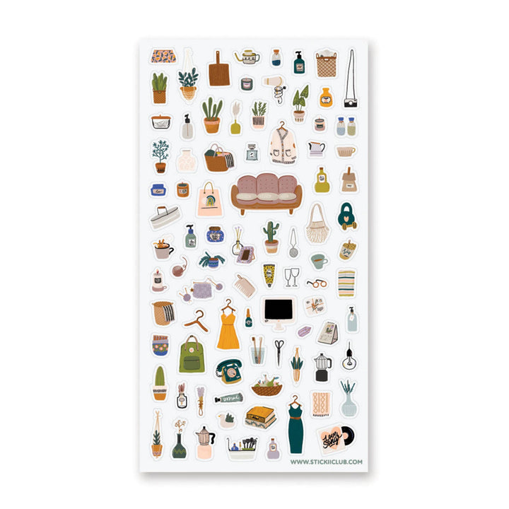 Sheet of stickers with more than 6 dozen small illustrations related to self-care