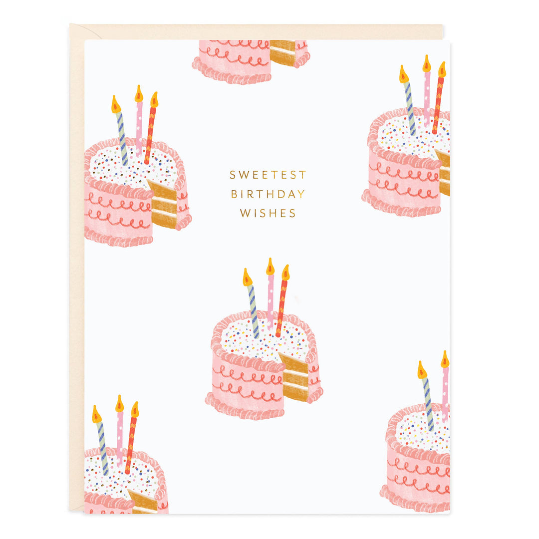 Front of card with a pattern of layer cakes with three candles around the text 'sweet birthday wishes.'