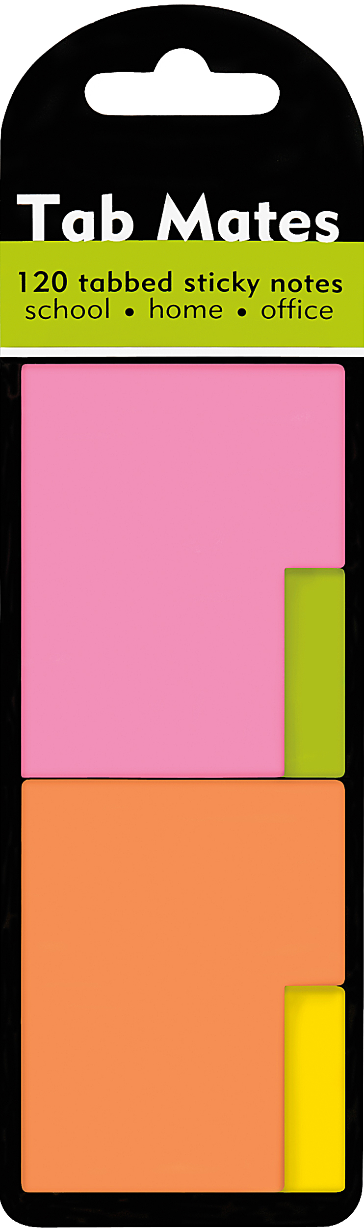 Package of Tab Mates, with pink sticky note and green tab and orange sticky note and yellow tab.
