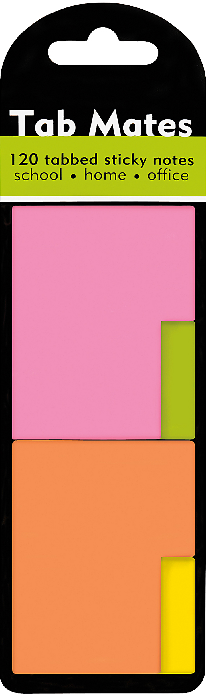 Package of Tab Mates, with pink sticky note and green tab and orange sticky note and yellow tab.