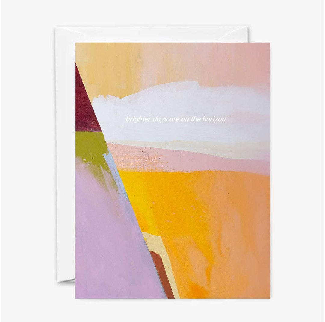 Front of sympathy card with abstract design in muted colors and text 'brighter days are on the horizon' in white.