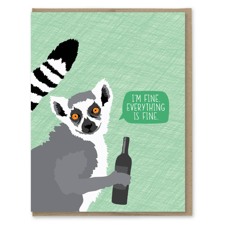 Ring-tailed lemur holding wine bottle  protesting that he's just fine, on green cardstock.