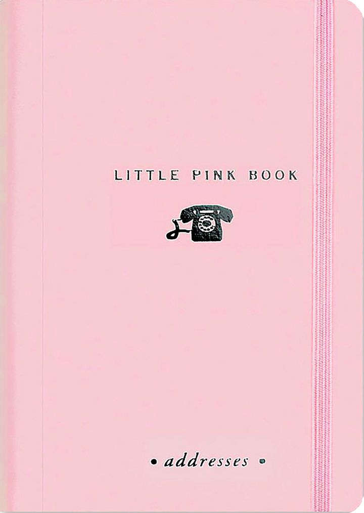 Front of pink address book with small image of a rotary dial telephone.