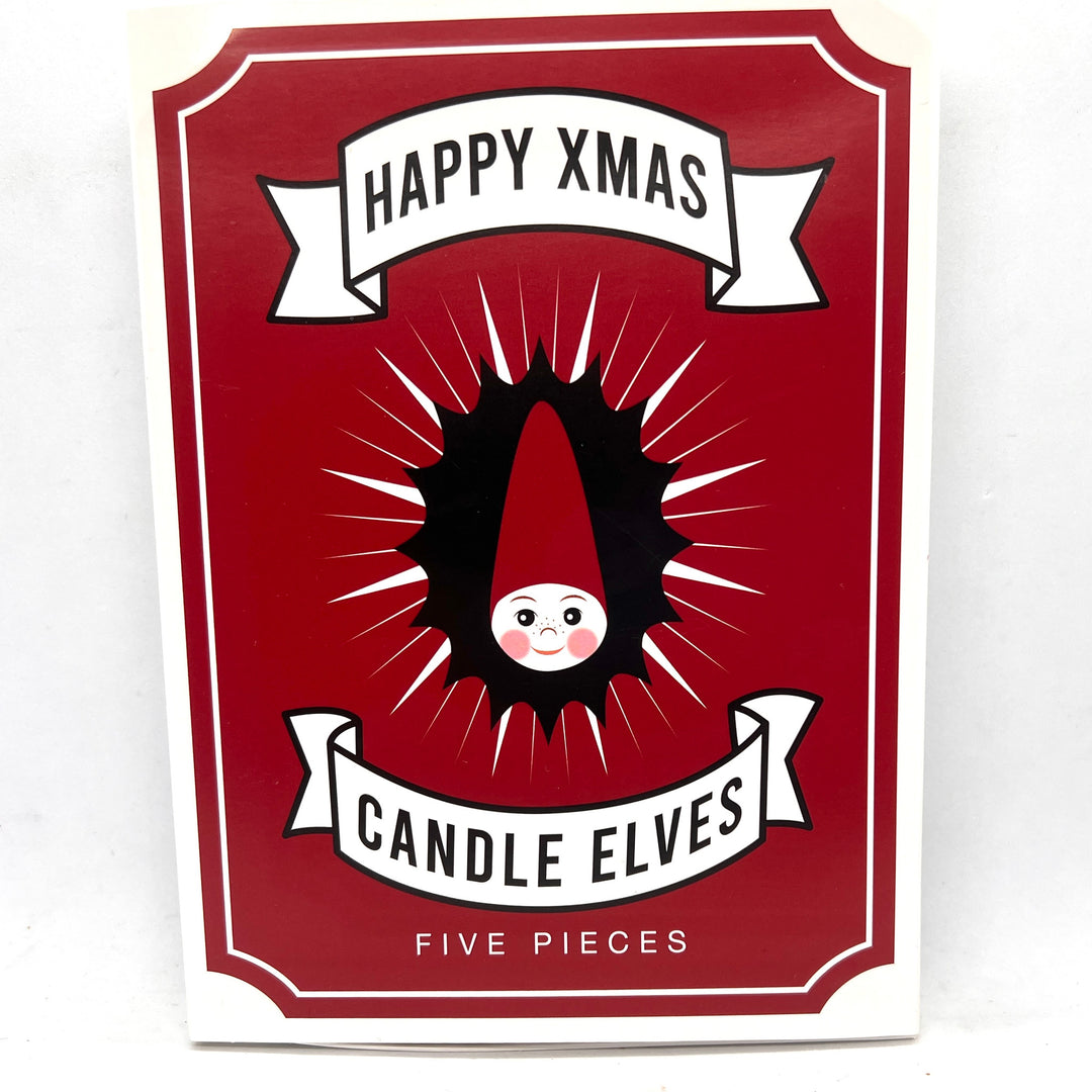 Red box with graphic head of elf and block text that says Happy Xmas Candle Elves Five Pieces.