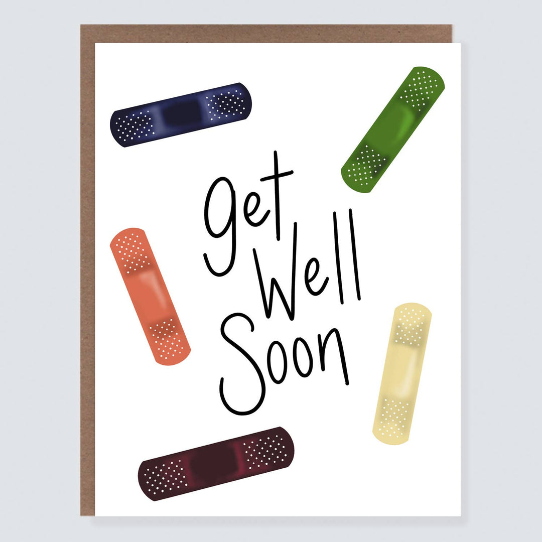 Five colorful band-aids surrounding 'Get Well Soon' text.