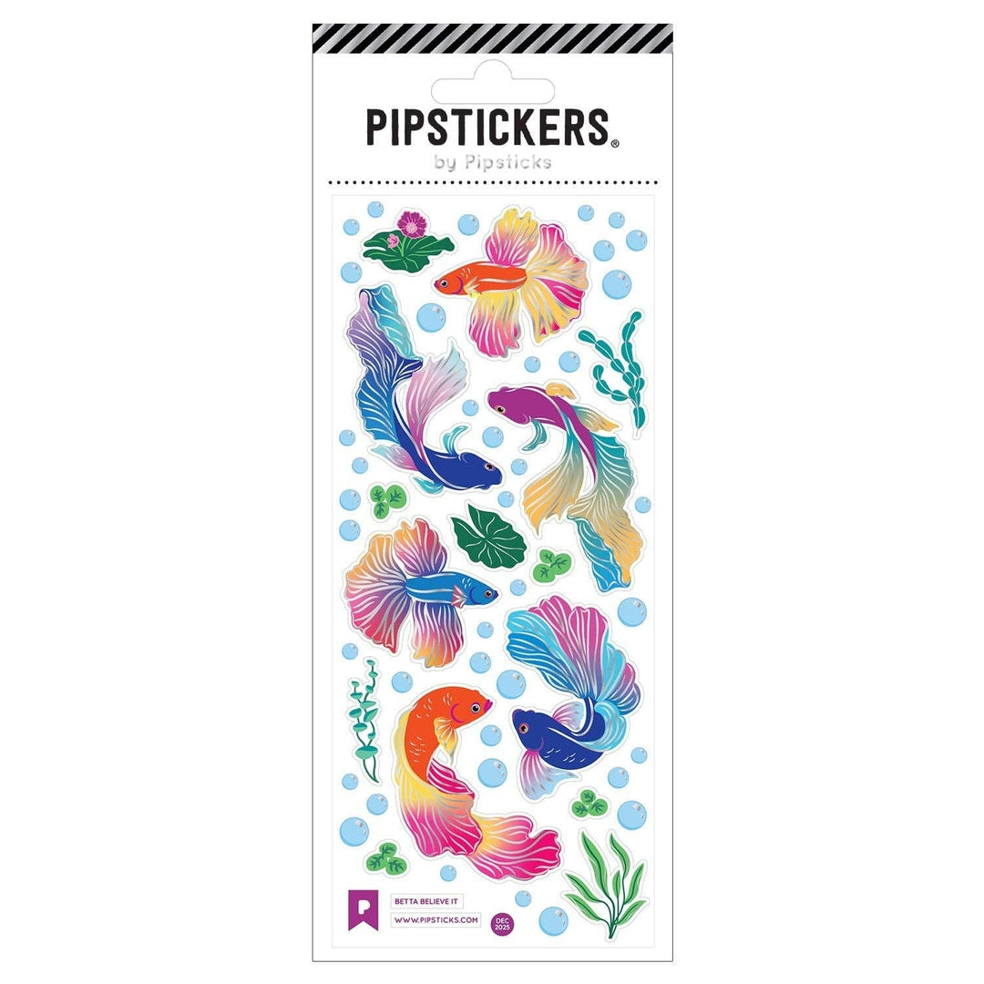 Packaging of PipStickers with colorful fish illustrations on a white background