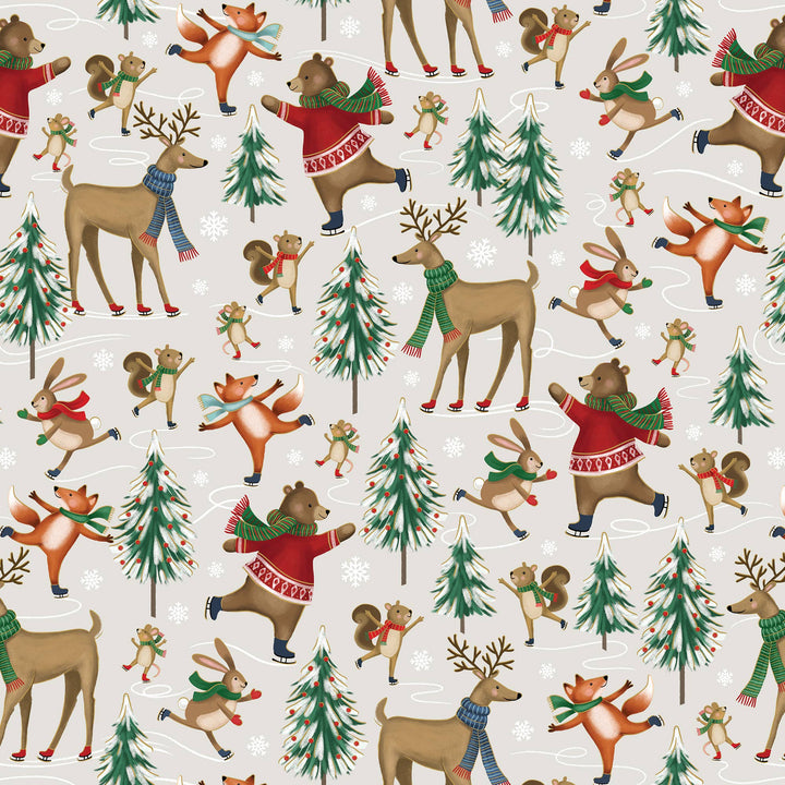 Pattern of skating Christmas animals in sweaters and scarves with trees on a light background