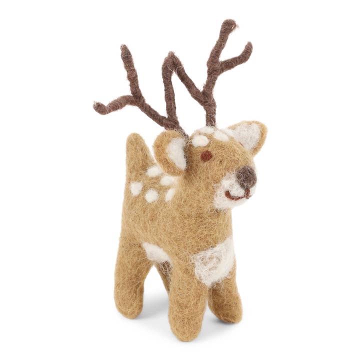 Felt brown small reindeer with with white spots and antlers.