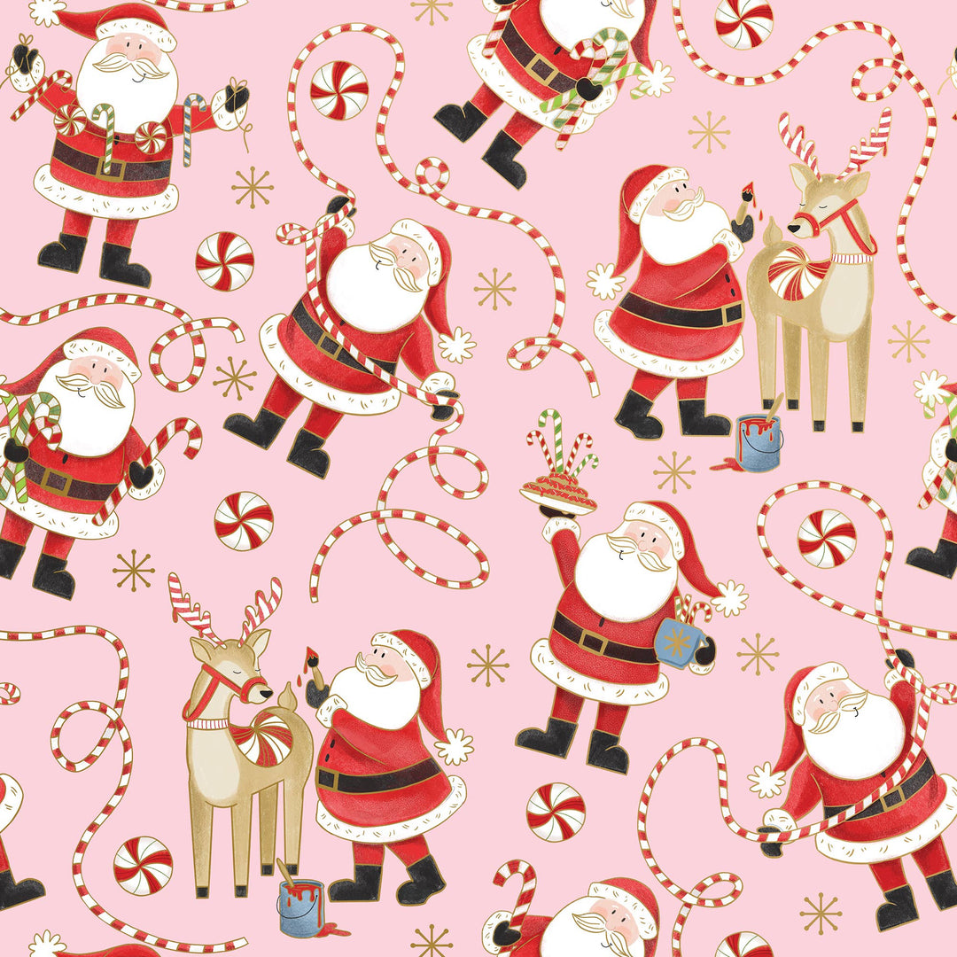 Pattern of Santa Clauses, reindeer, and candy canes on a pink background