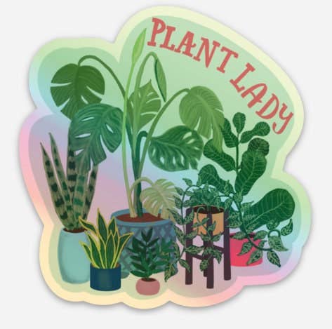 A die-cut sticker featuring an illustration of various potted houseplants with the words 'PLANT LADY' in red script at the top.