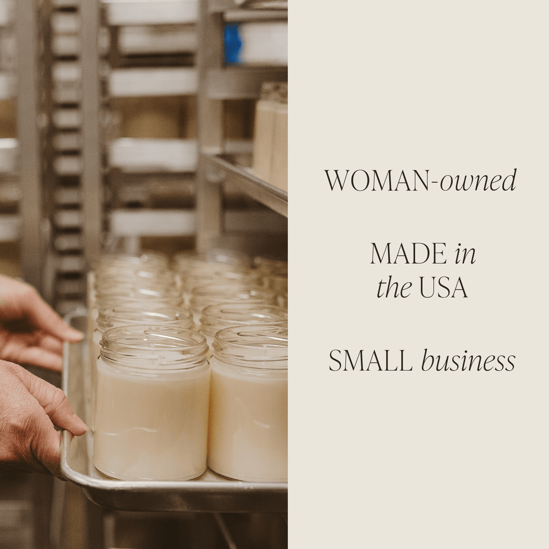 Tray of unfinished candles with 'woman-owned, made in the USA, small business' label.