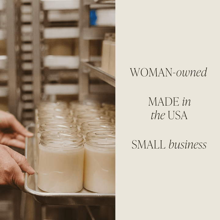 Tray of unfinished candles with 'woman-owned, made in the USA, small business' label.