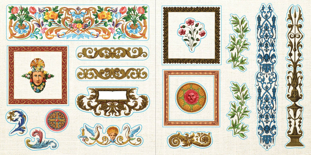 Sample page from sticker book with vintage borders.