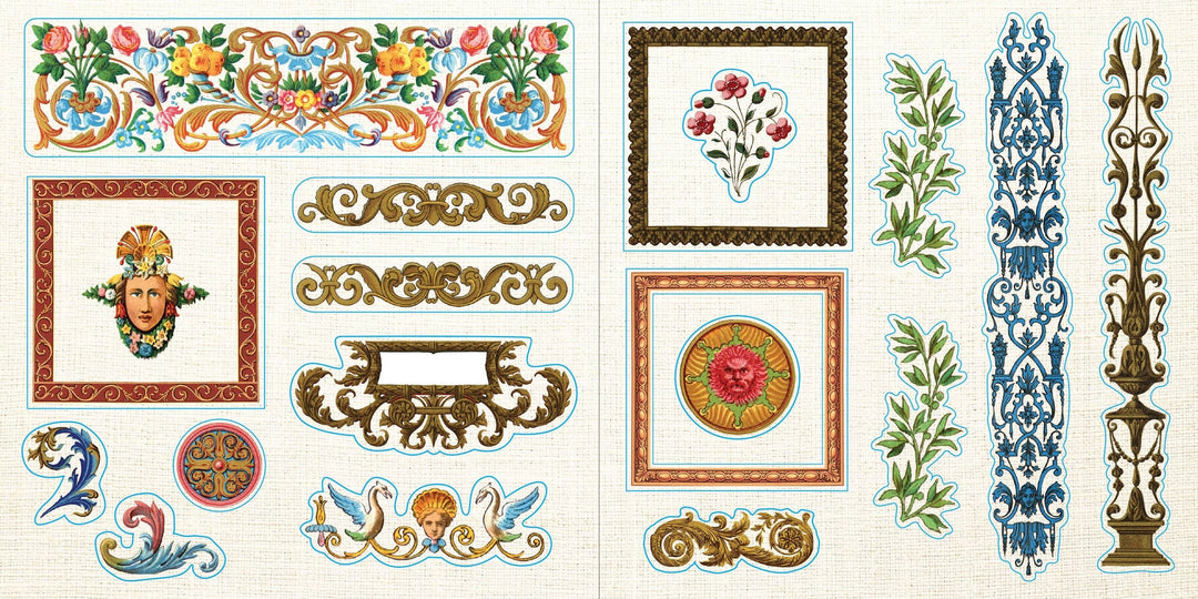 Sample page from sticker book with vintage borders.