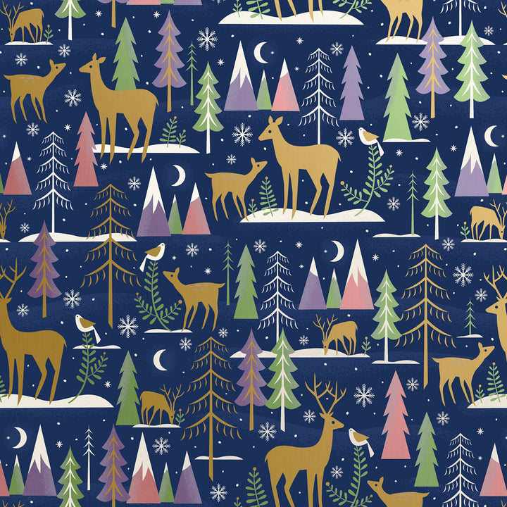 Pattern of deer, trees, and mountains on a dark blue background