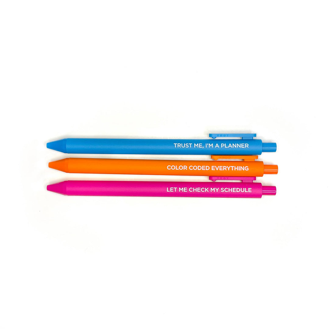 Three pens laid horizontally, blue on top, orange in the middle and pink on the bottom, each with text in white.