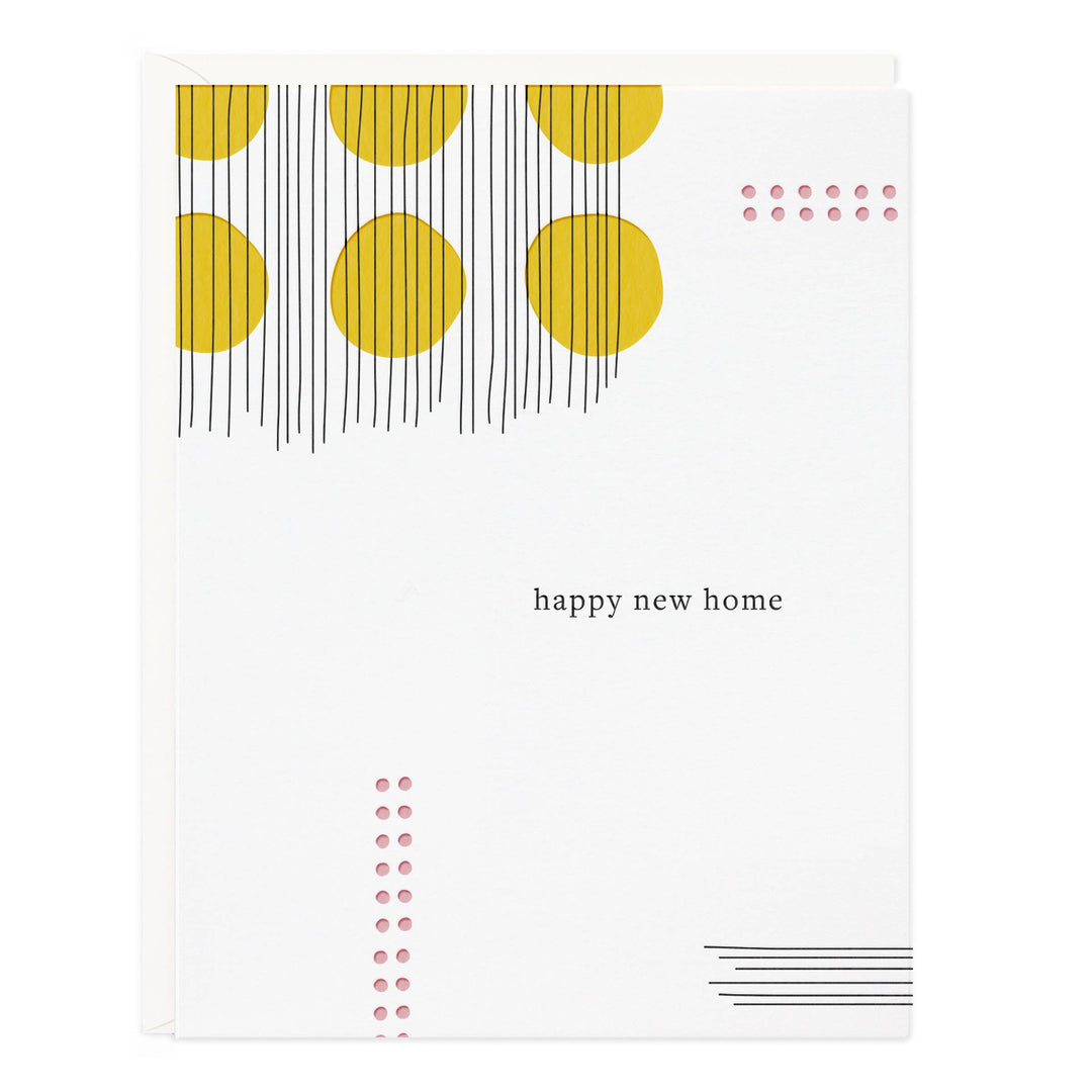 Front of card with a simple abstract design and the text 'happy new home.'