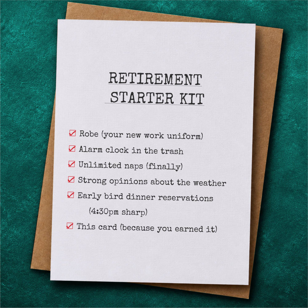 A white card titled 'RETIREMENT STARTER KIT' with a bulleted checklist of humorous retirement items, placed on top of a brown kraft envelope.