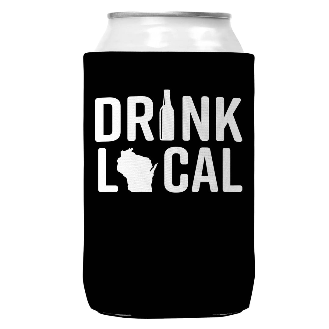 Black can cooler with 'Drink Local' text and a beer bottle for the 'i' in drink and an outline of Wisconsin for the 'o' in local.