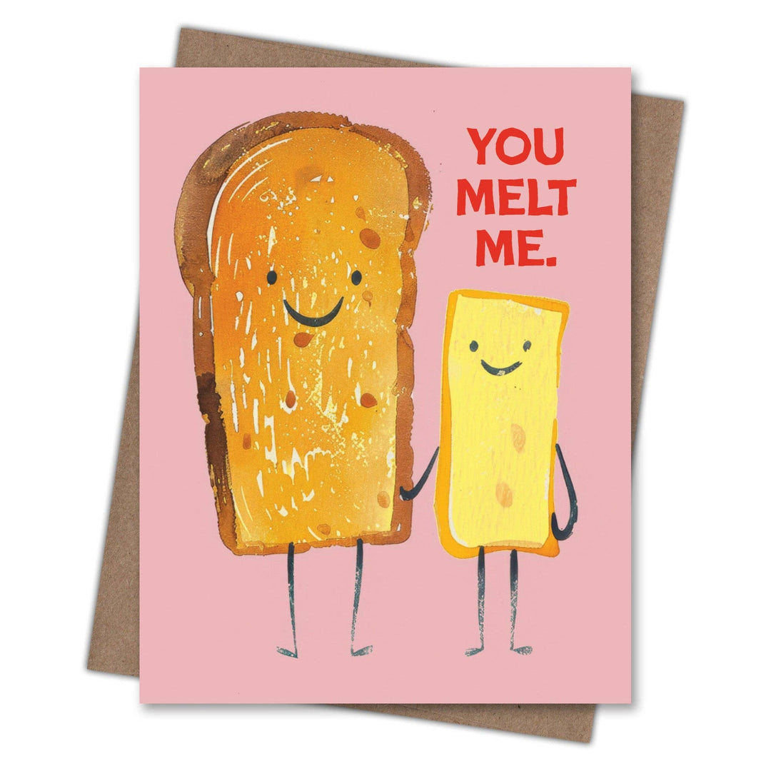 Card with cartoon slice of toast and butter characters and 'You Melt Me' text on a pink background