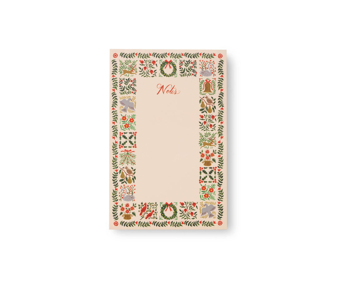 Notepad with decorative border of holiday images such as holly, pears, and bells, with 'Notes' text at the top.