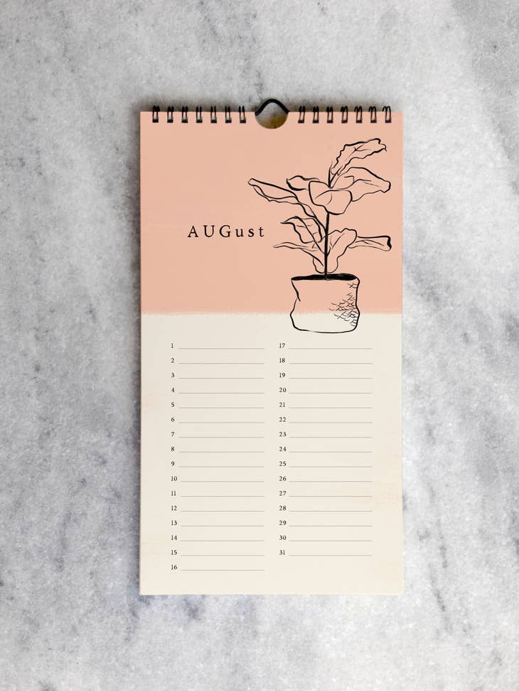 The page for August with a drawing of a potted plant on a light orange background above a line for each day in the month.