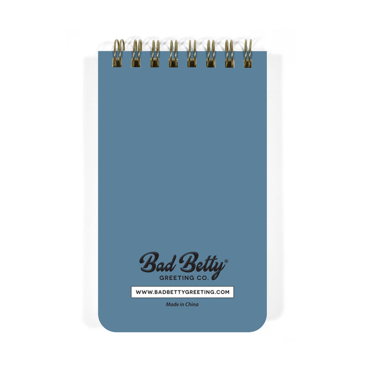 Back cover of blue notebook with 'Bad Betty Greeting Co.' branding at the bottom.