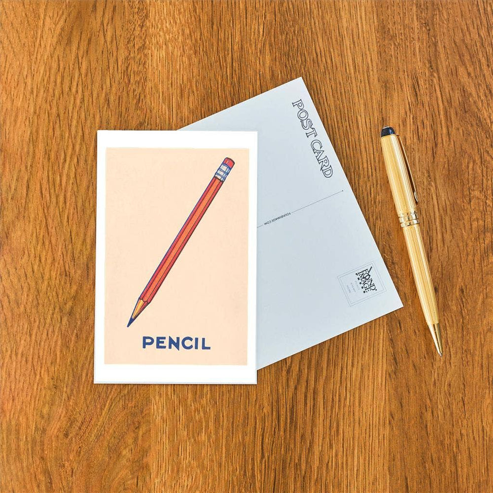 Front and back of postcard next to a pen.