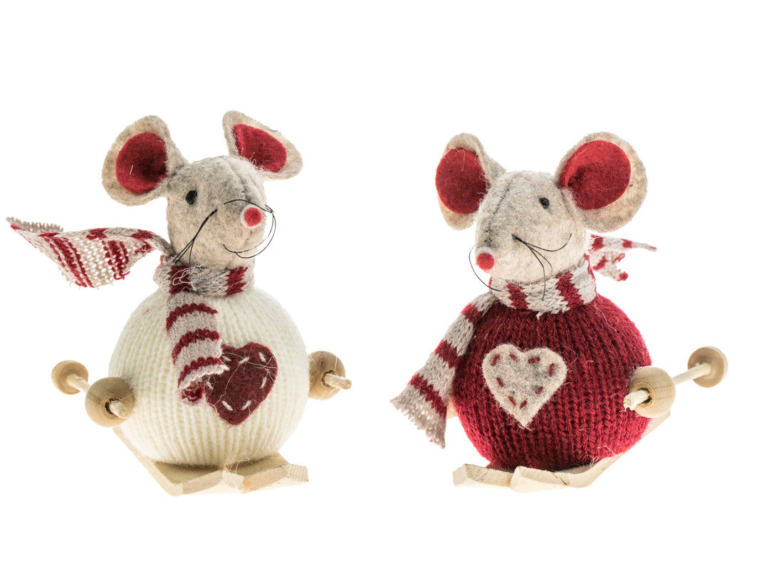 Two felt mouse wearing knitted scarves, on short skis and holding ski pole.
