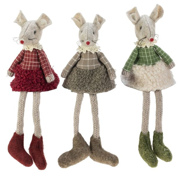 Three felt mice dressed in checked dress with wooly skirt. 