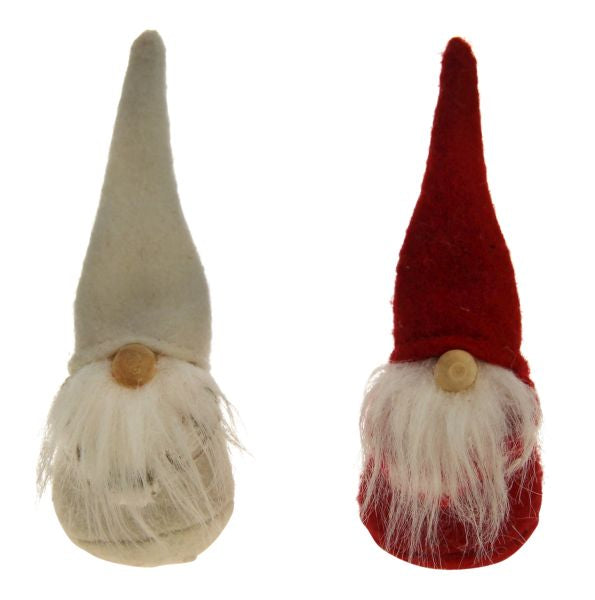 Gnome with long pointed hat, white beard and a wooden nose in green or red.