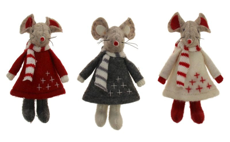 Three felt beige mice wearing a dress and striped scarf. Inner ear  is either red or white. Dresses are either red, dark gray, or white. Scarf is either red and white, or gray and white, striped.