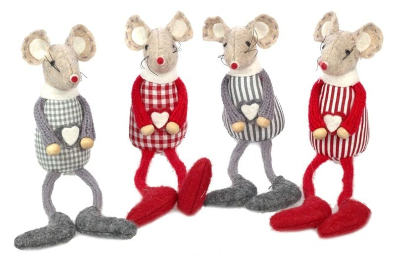 Collection of four mice, with red or gray legs, and wearing a grey or red checked or striped shirt. Each mouse has a white heart in the center.