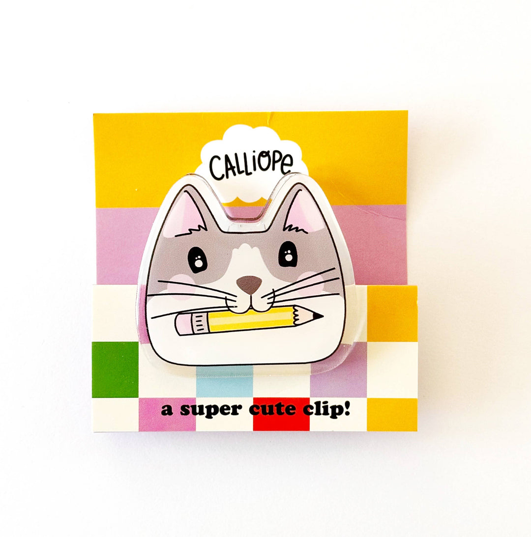 Cat-shaped clip with 'Calliope' branding on a colorful checkered background