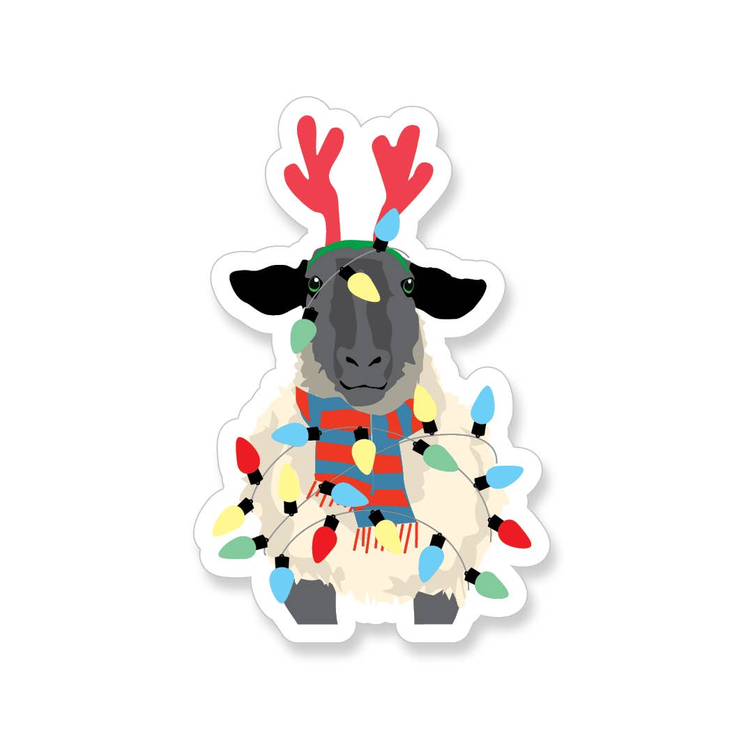 Lamb wearing red reindeer antlers and a striped scarf tangled up in holiday tree lights.