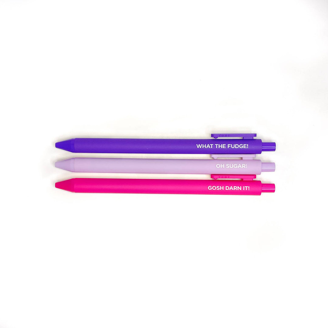 Three pens laid horizontally, purple on top, lavender in the middle and bright pink on the bottom, each with text in white.