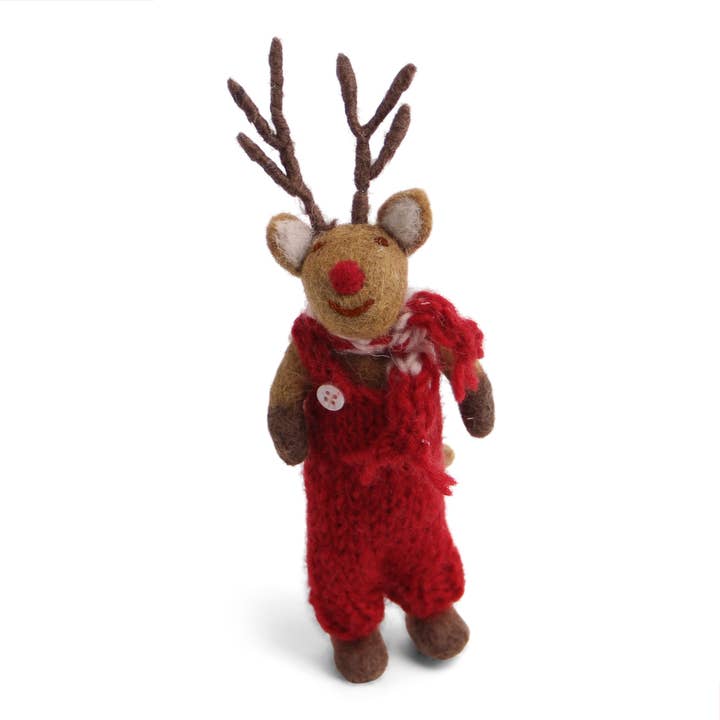 Brown Rudolph the Red Nose Reindeer with dark grey antlers, wearing red overalls and scarf. 