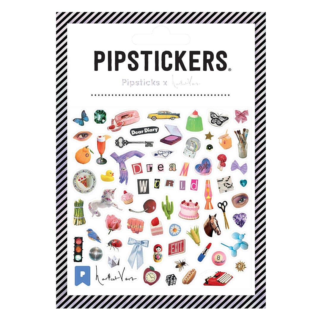Sheet of more than three dozen stickers of objects, text, and letters. 