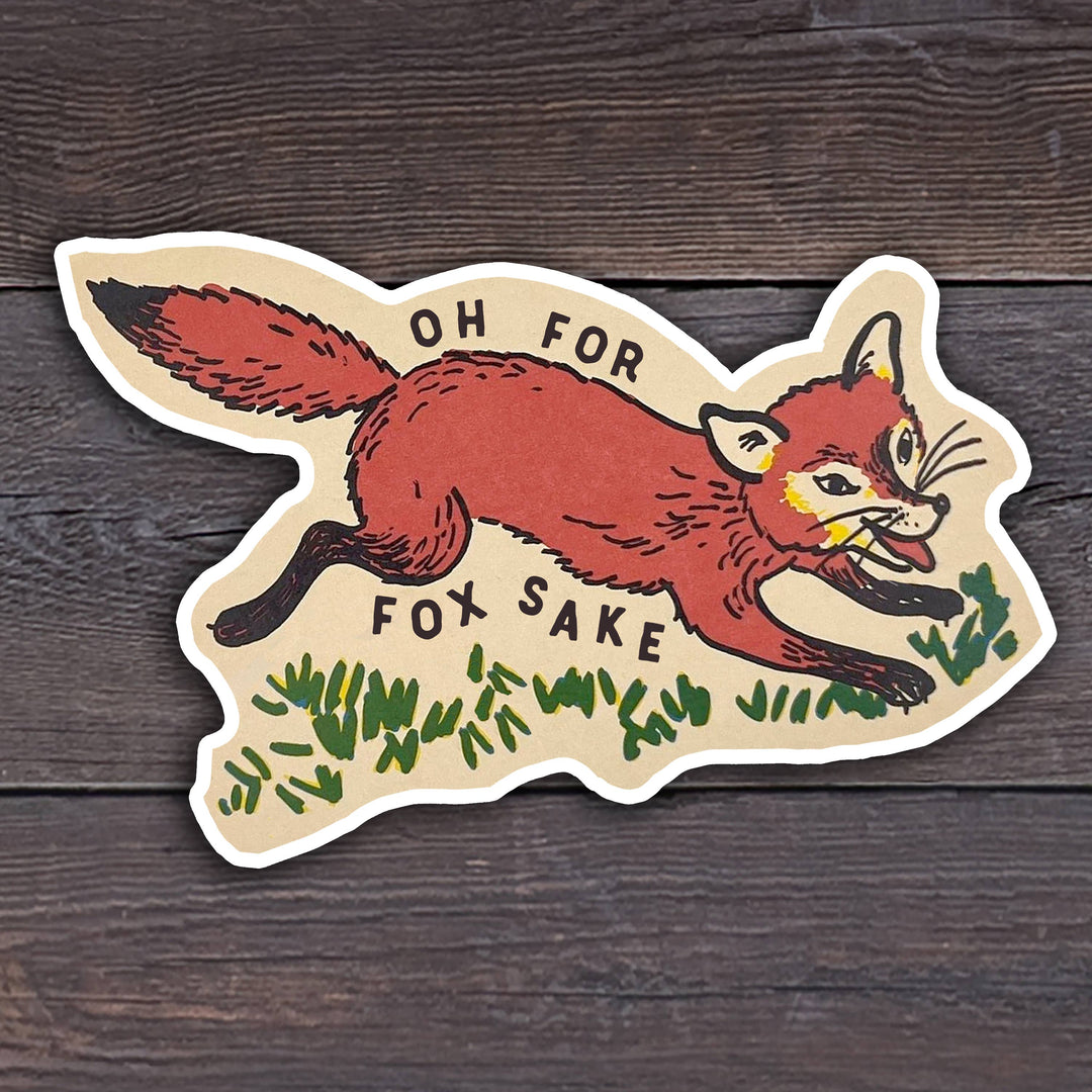 Illustration of a frolicking orange fox with the text 'OH FOR FOX SAKE' around it.