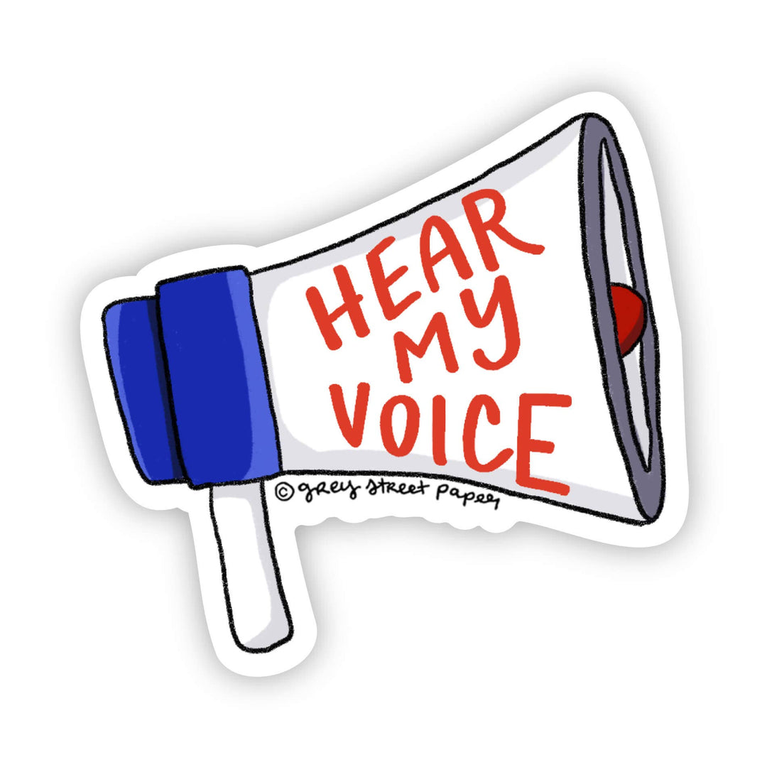 Megaphone-shaped sticker with 'HEAR MY VOICE' text on a white background