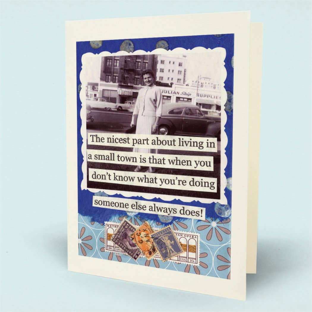 A greeting card with a layered collage design, featuring a vintage black-and-white photo, a blue patterned border, a quote, postage stamp graphics, and a small illustration of a woman.