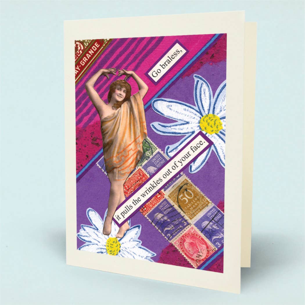 A folded greeting card with a cream-colored border, featuring a vintage-style collage design with a woman in an orange dress, white daisies, postage stamps, and text on a purple and pink background.