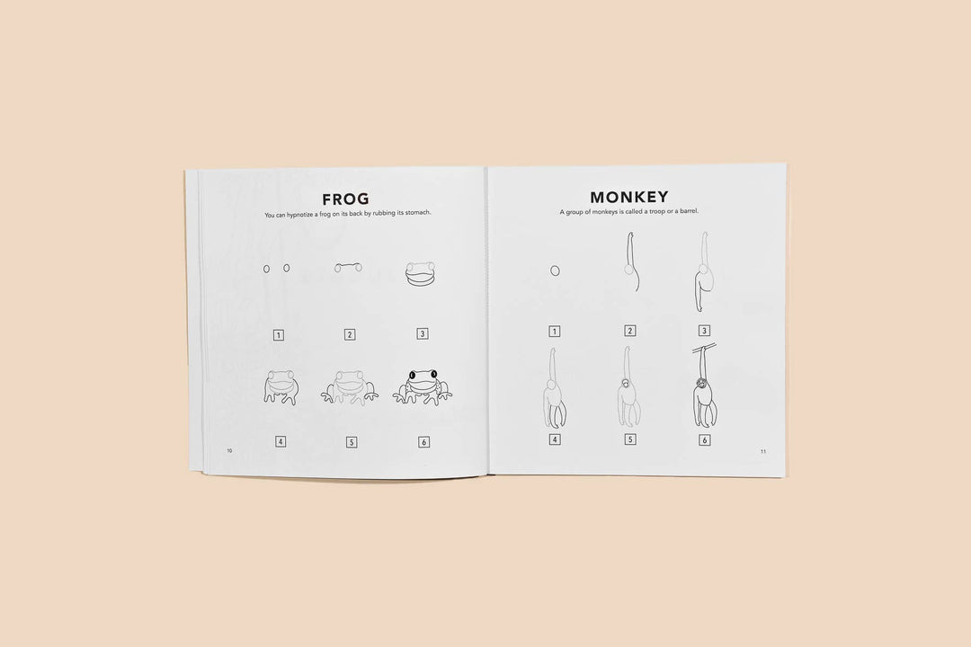 Open book to show the progression for drawing a frog, on the left page, and a monkey on the right.